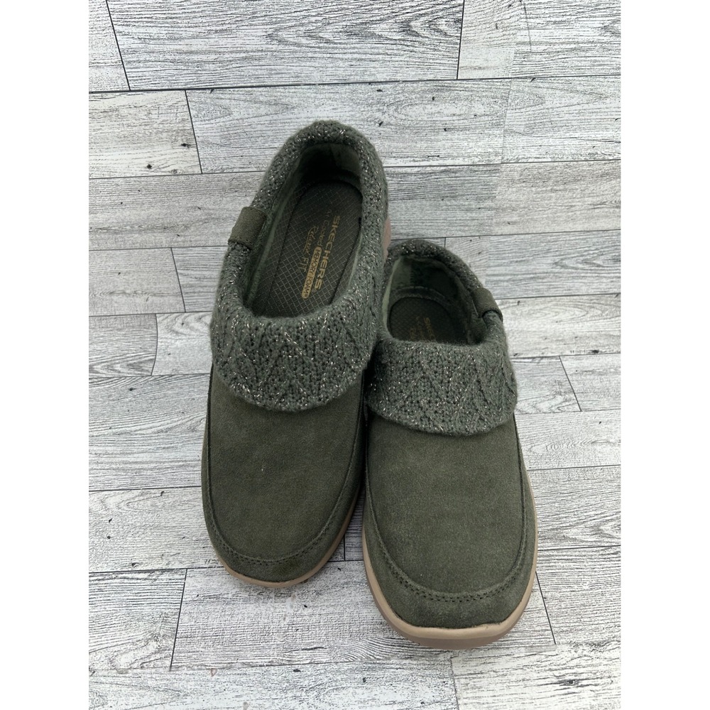 Skechers Relaxed Fit Memory Foam Olive Green Suede Slippers 168054 Women Sz 8‎